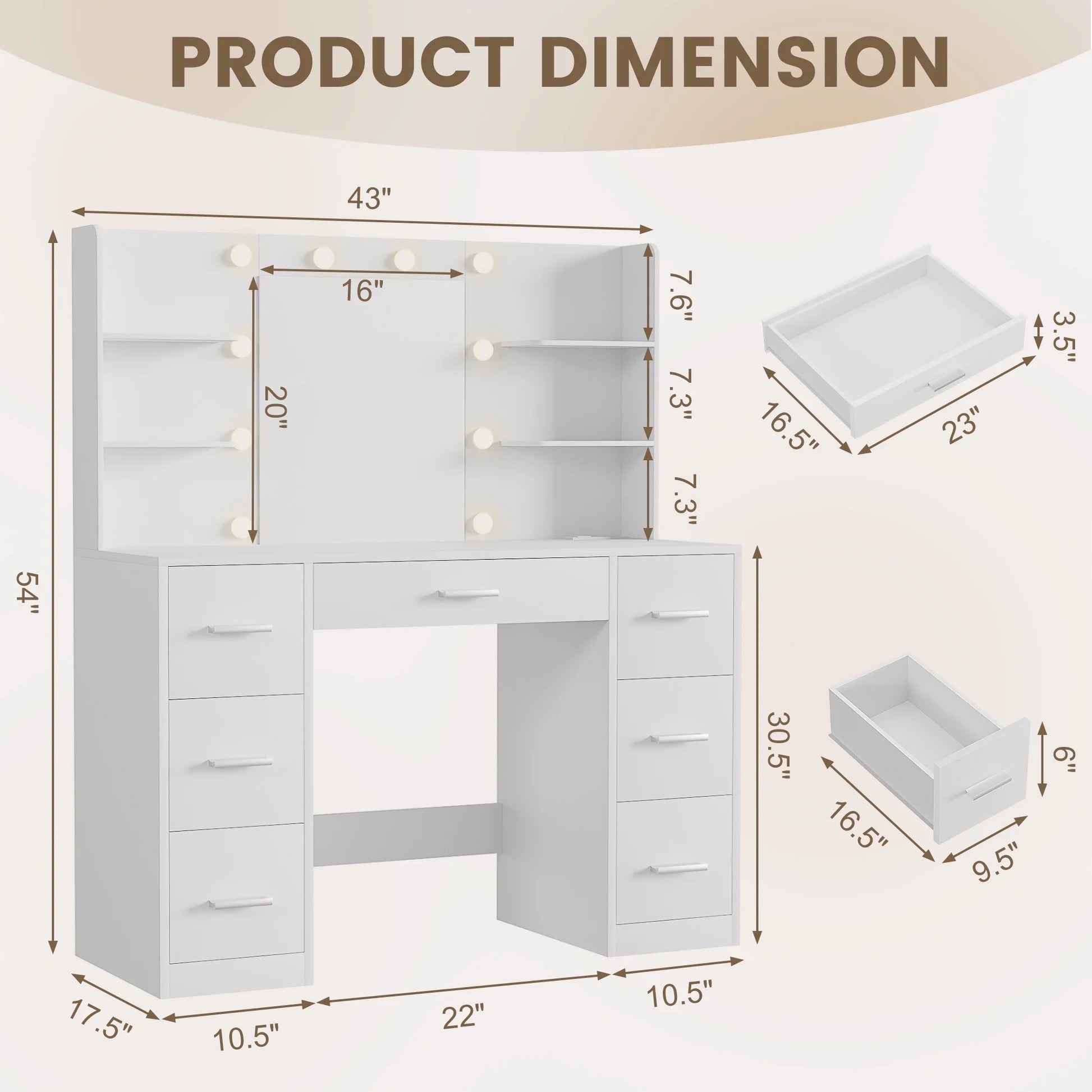 Makeup Vanity Desk with Mirror, Lights & Power Outlet Vanity Table with 7 Drawers and 6 Storage Shelves for Bedroom, White