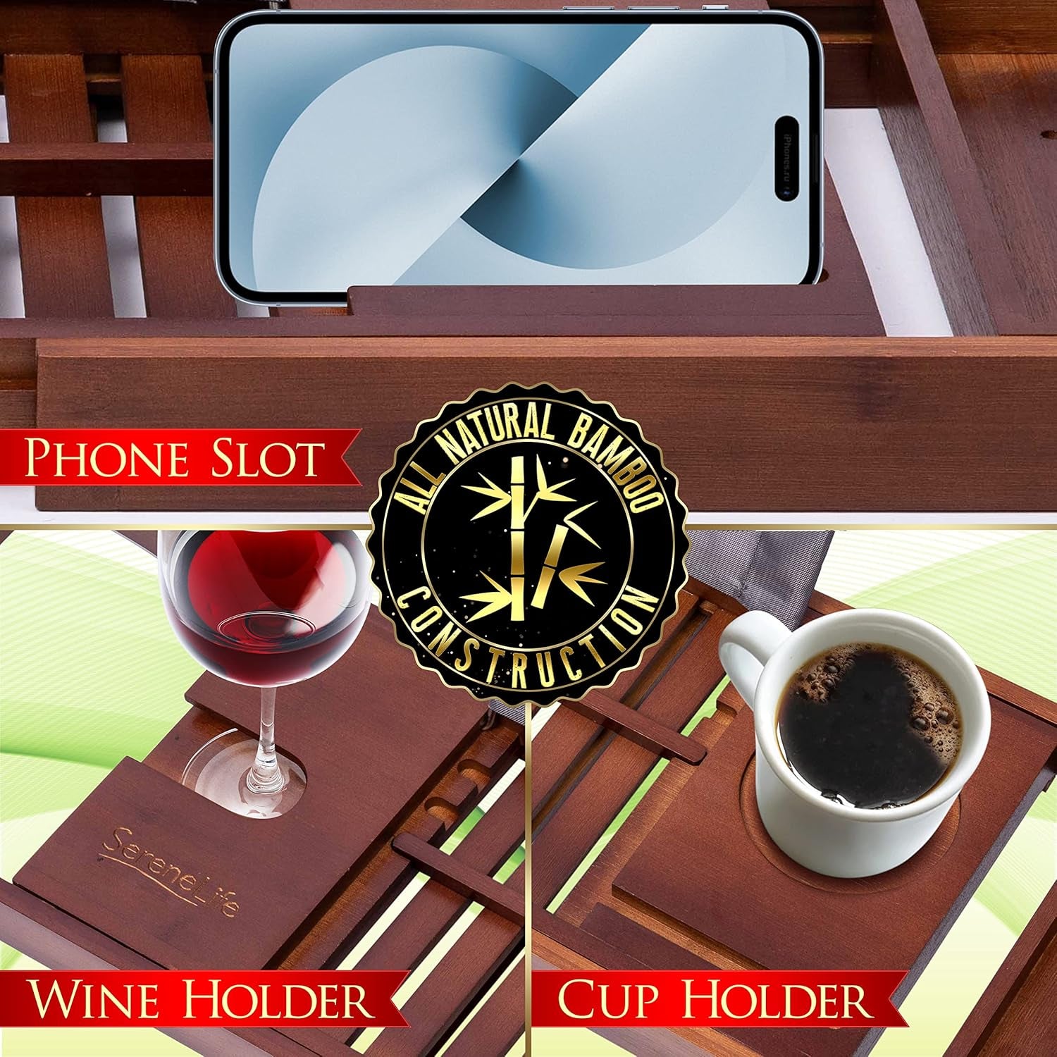 Serenelife Natural Bamboo Bathtub Caddy - Extendable & Adjustable Tray, Ergonomically Designed with Integrated Device/Book Holder with Removable Trays for Bath Accessories (Brown)