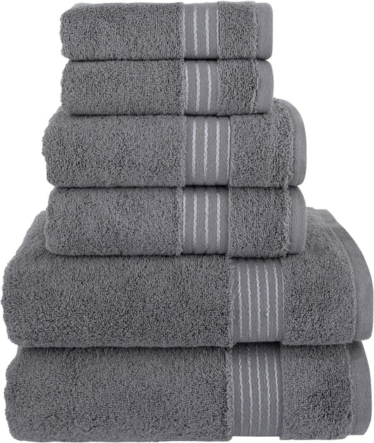 100% Cotton Luxury Bathroom Towels Set, Quick Dry, 2 Bath Towels, 2 Hand Towels, 2 Wash Cloths - 6 Piece Set, Grey