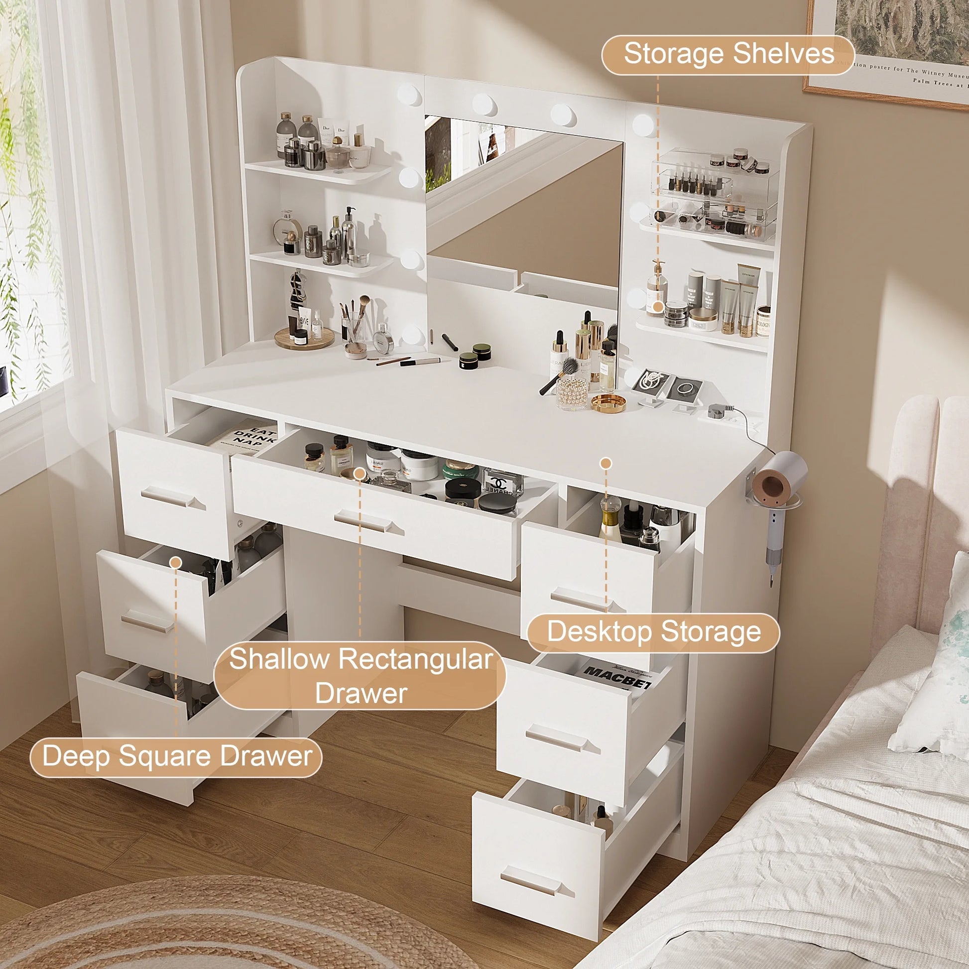 Makeup Vanity Desk with Mirror, Lights & Power Outlet Vanity Table with 7 Drawers and 6 Storage Shelves for Bedroom, White